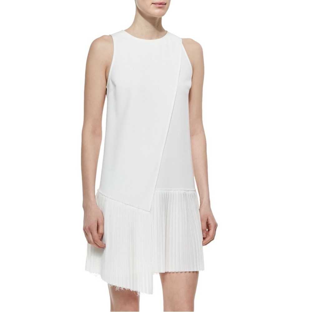 Derek Lam 10 Crosby Asymmetric Pleated Hem White Sleeveless A-Line Dress EUC 2